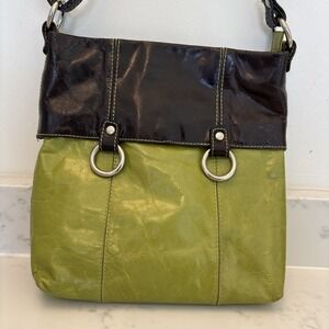 NINO BOSSI Apple Green‎ and Black Leather Top Handle Tote Crossbody Purse EUC